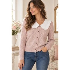 ModCloth Pink Peter Pan Collar Cardigan M Coquette Twee Preppy Cable Knit